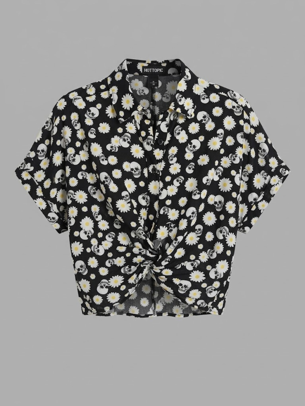 Hot Topic Black Daisy & Skull Tie-Front Button Shirt